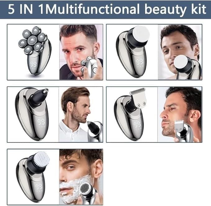 Electric Razor for Men's, 5 in 1 Electric Shaver for Men 7D Floating Cutter Head USB Rechargeable Rotary Shaver Smart Multifunctional Grooming Kit