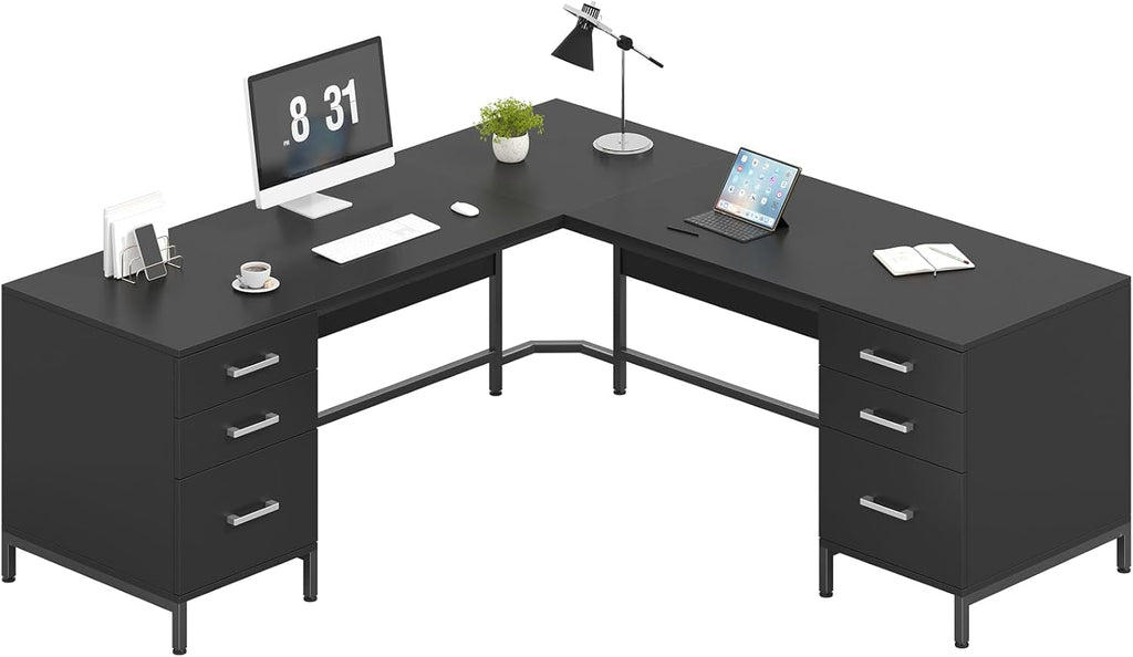 TVU 59'' L Shaped Desk with 6 Wood Drawers, Large Home Office Corner Computer Desk with Storage File Cabinet, Modern Metal Wood Desk for Executive Writing Study Workstation, Black