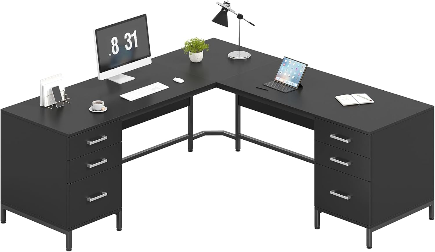 TVU 59'' L Shaped Desk with 6 Wood Drawers, Large Home Office Corner Computer Desk with Storage File Cabinet, Modern Metal Wood Desk for Executive Writing Study Workstation, Black