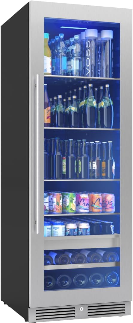 Zephyr 24 Inch Wine Fridge & Beverage Refrigerator Single Zone Full Size - Tall Wine Cooler Cellars Large Bar Drink Cabinet Freestanding with Glass Door - 266x12oz cans & 14x750 ml bottles