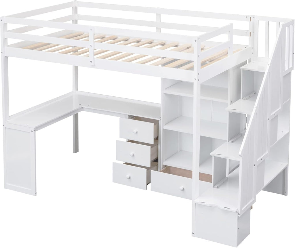 MERITLINE Twin Size Loft Bed with L-Shaped Desk,Storage Staircase,and Guardrails,Wood High Loft Bed with Storage Bookcase and 4 Drawers,for Adults, No Box Spring Needed (White)