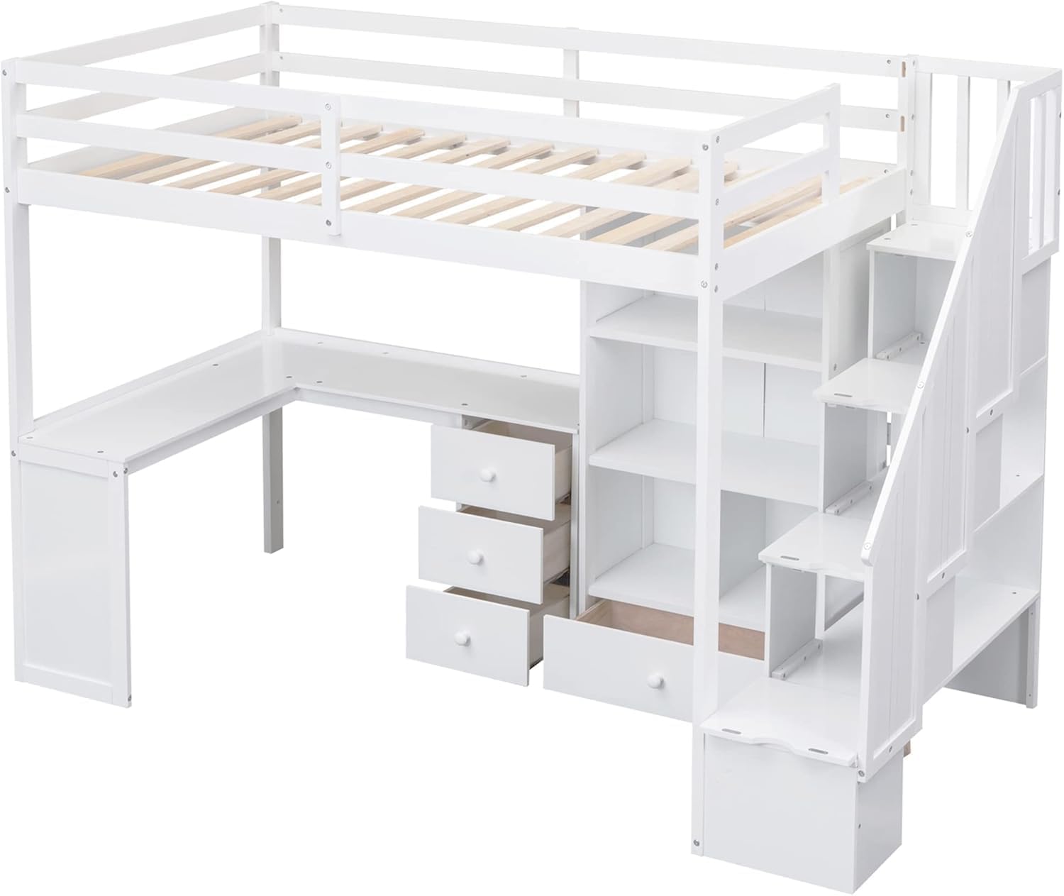 MERITLINE Twin Size Loft Bed with L-Shaped Desk,Storage Staircase,and Guardrails,Wood High Loft Bed with Storage Bookcase and 4 Drawers,for Adults, No Box Spring Needed (White)