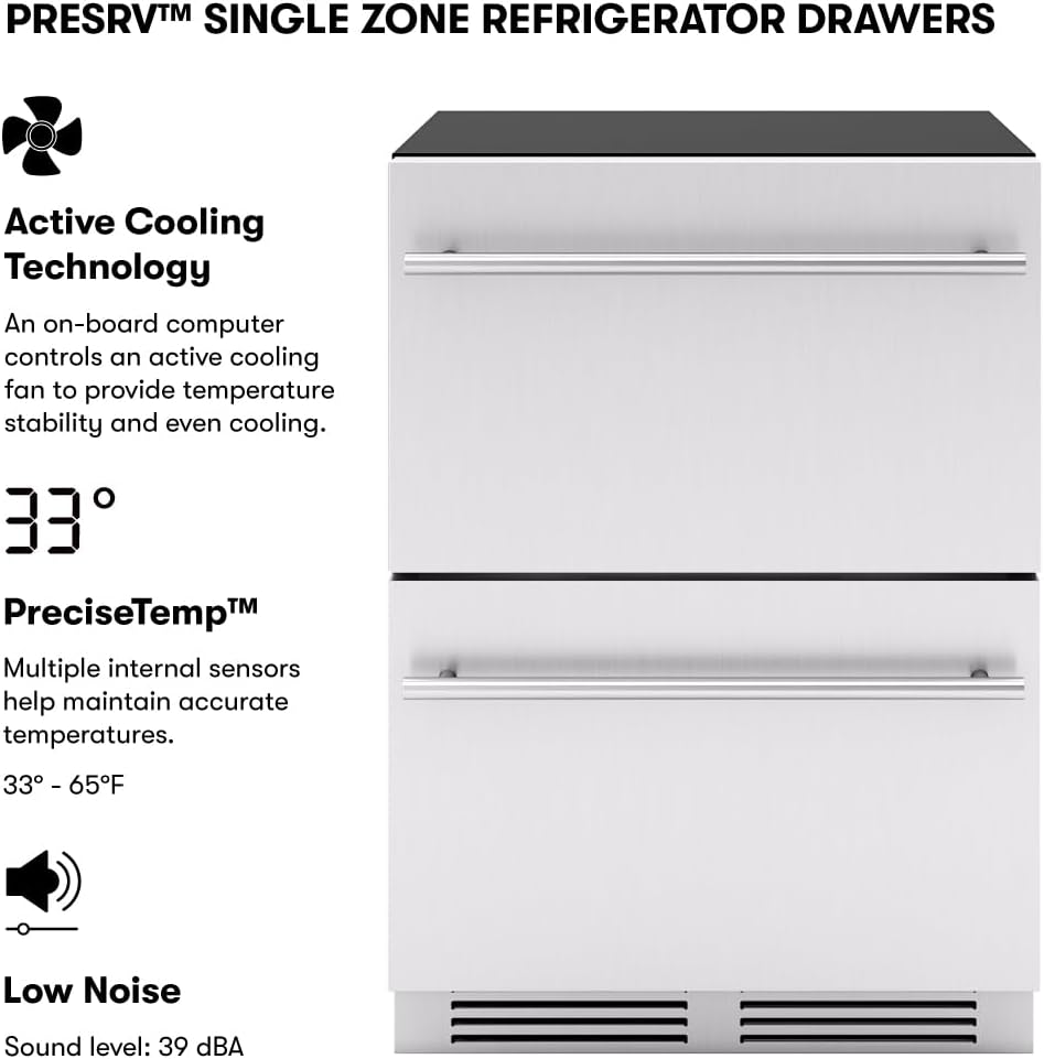 Zephyr Presrv 24 Inch Single Zone Refrigerator Drawers Wine & Beverage Fridge, Stainless Steel Wine Cooler Home Bar Under Counter Freestanding Built In, Energy Star Certified, 5.4 Cu. Ft