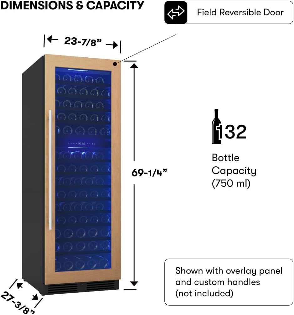 Zephyr 24 Inch Full Size Panel Ready Wine Fridge Dual Zone - Tall Refrigerator Cooler Cellars Large Bar Drink Cabinet Freestanding with Glass Door - 132x750ml bottles (Handle, wood panel not included)