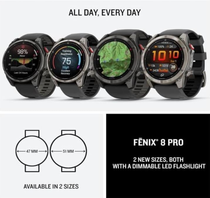 Garmin Fenix 8 Pro – 51mm AMOLED LTE & Satellite Connected Multisport GPS Smartwatch, inReach Technology: Sapphire Carbon Gray DLC Titanium w/Black-Pebble Gray Silicone Band Power Bundle