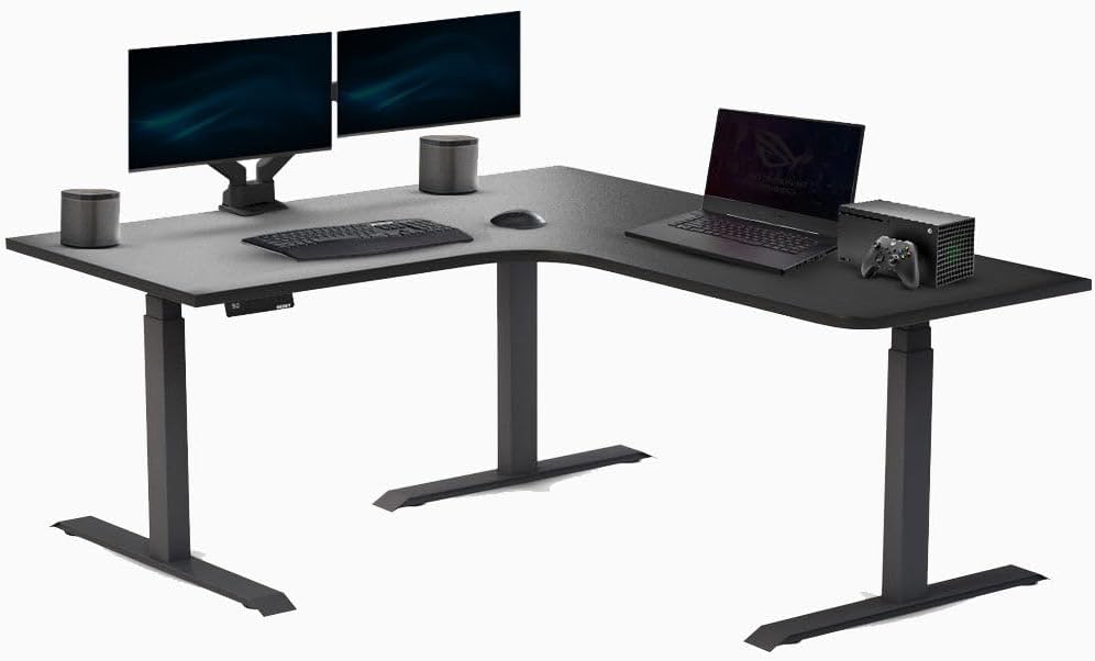 Desky Sigma L-Shape Gaming Desk - 70.9 Inch, Triple Motor Sit-Stand, Height Adjustable up to 49.2 inches, 440 lbs Capacity, 4 Memory Presets, Matte Black Frame