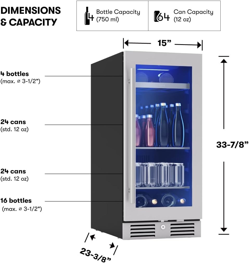 Zephyr Presrv 15' Slim Wine Fridge & Beverage Refrigerator Single Zone Under Counter - Narrow Mini Wine Cooler Small Beer Cabinet Drink Chiller Freestanding with Glass Door, 4 bottles, 64 cans