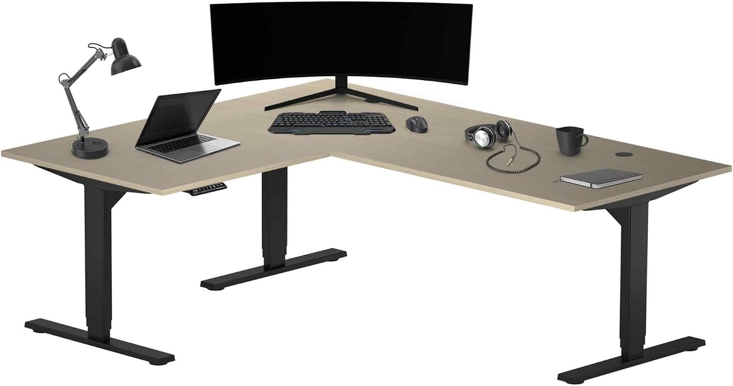 Progressive Desk Stand Up Height Adjustable Electric Standing Desk - L Shaped 60' x 72' Corner Computer Rising Workstation Table - Black Frame, Bright Beech Top