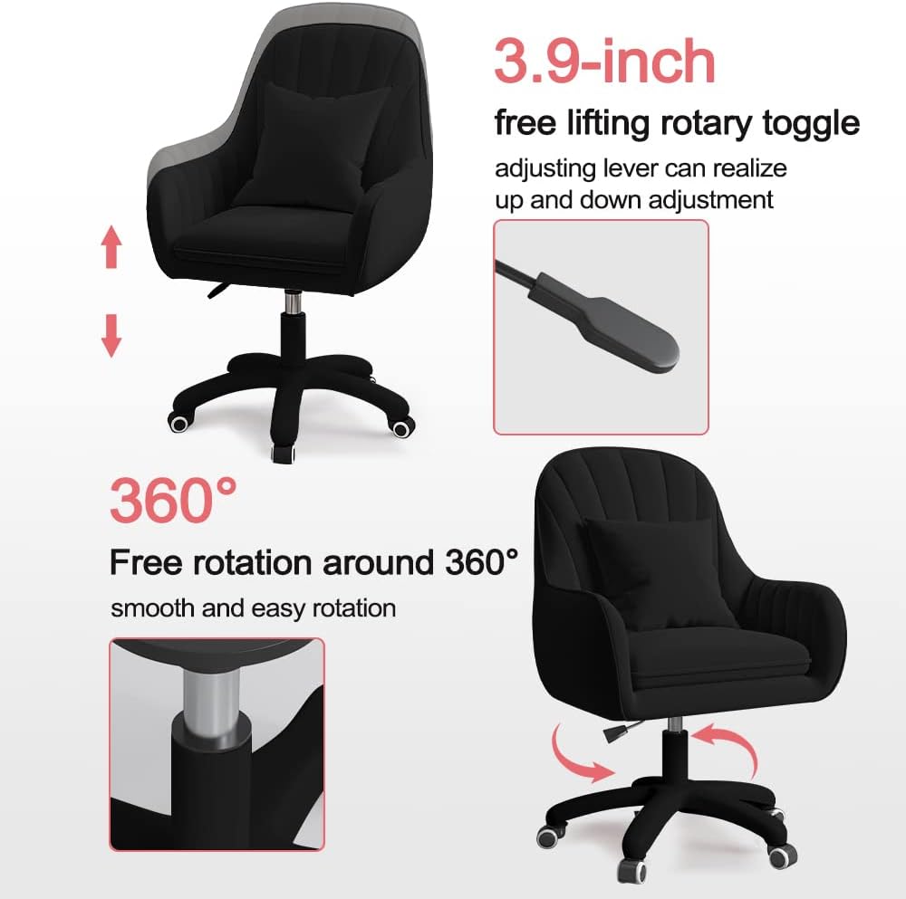 Velvet Desk Chair with Pillow Upholstered Vanity Chair for Girls Women, Home Office Computer Task Chair with Wheels Swivel Rolling Accent Chair for Living Room, Bedroom