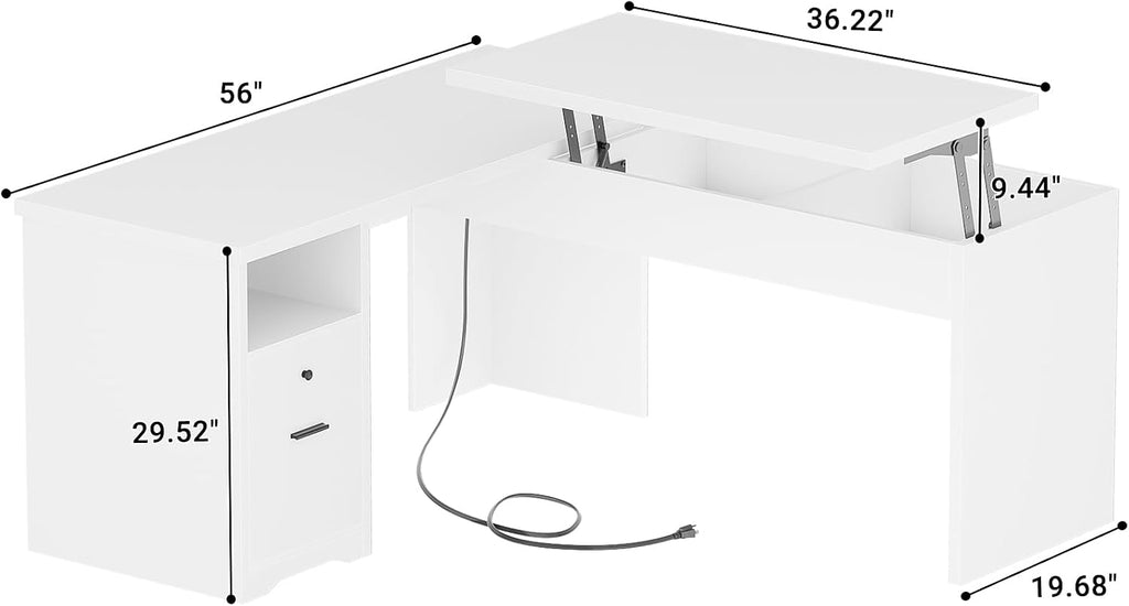 Unikito Lift Top L Shaped Desk with Drawer, Large Office Desk with Power Outlets and USB Charging Ports, Sturdy Corner Computer Desk Writing Table with Storage, L Shape Standing Desk, White