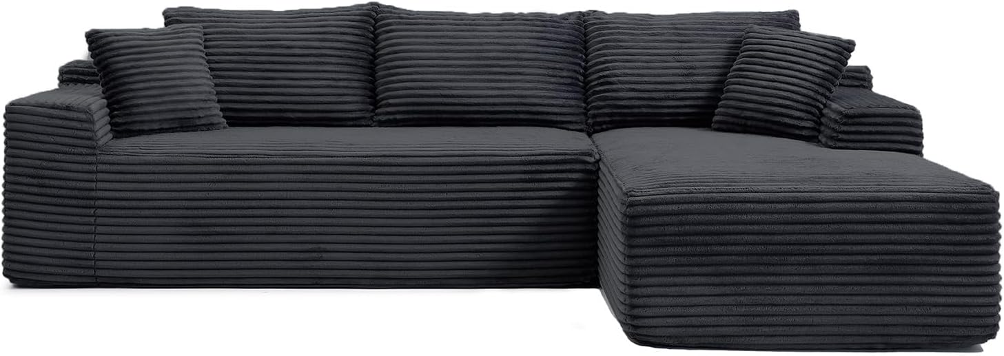 108' Cloud Sectional Couch,Modern Modular Sectional Sofa with Deep Seat,Corduroy Boneless Couches with L-Shape Chaise for Living Room,No Assembly Required (Black, Right Facing Chaise)