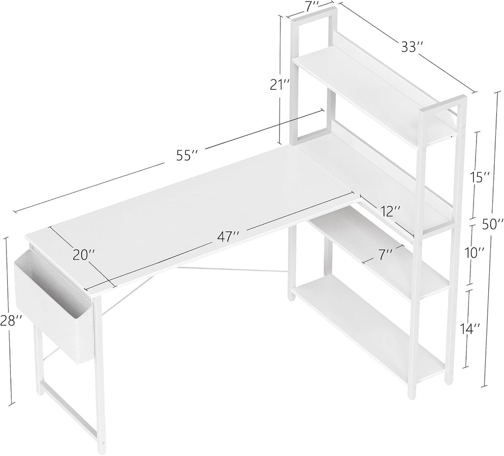 Treesland 55 Inch Computer Desk with Bookshelf, Corner Desk with Storage, L Shaped Desk, Home Office Desks, Writing Study Desk for Bedroom, White