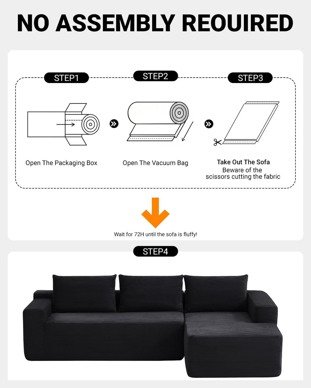 97' Cloud Sectional Couch,Modern Modular Sectional Sofa with Deep Seat,Corduroy Boneless Couches with L-Shape Chaise for Living Room Bedroom,No Assembly Required (Black, 97' Right Facing Chaise)
