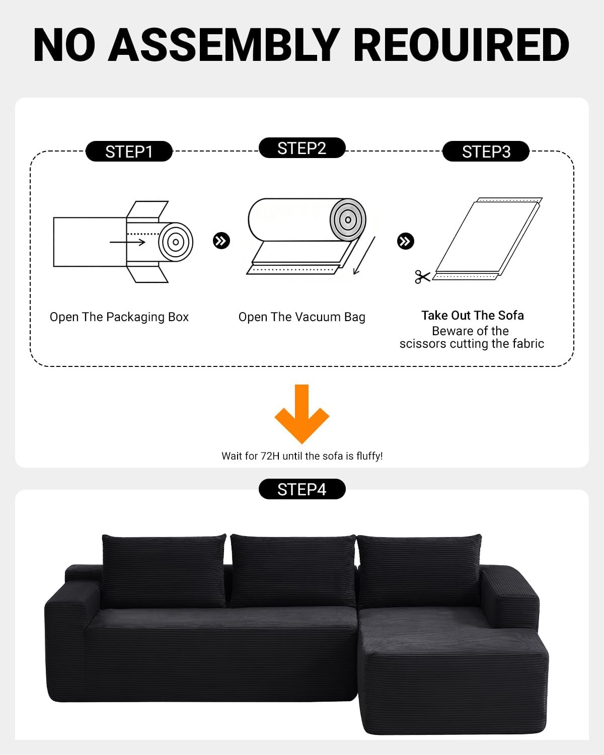 97' Cloud Sectional Couch,Modern Modular Sectional Sofa with Deep Seat,Corduroy Boneless Couches with L-Shape Chaise for Living Room Bedroom,No Assembly Required (Black, 97' Right Facing Chaise)