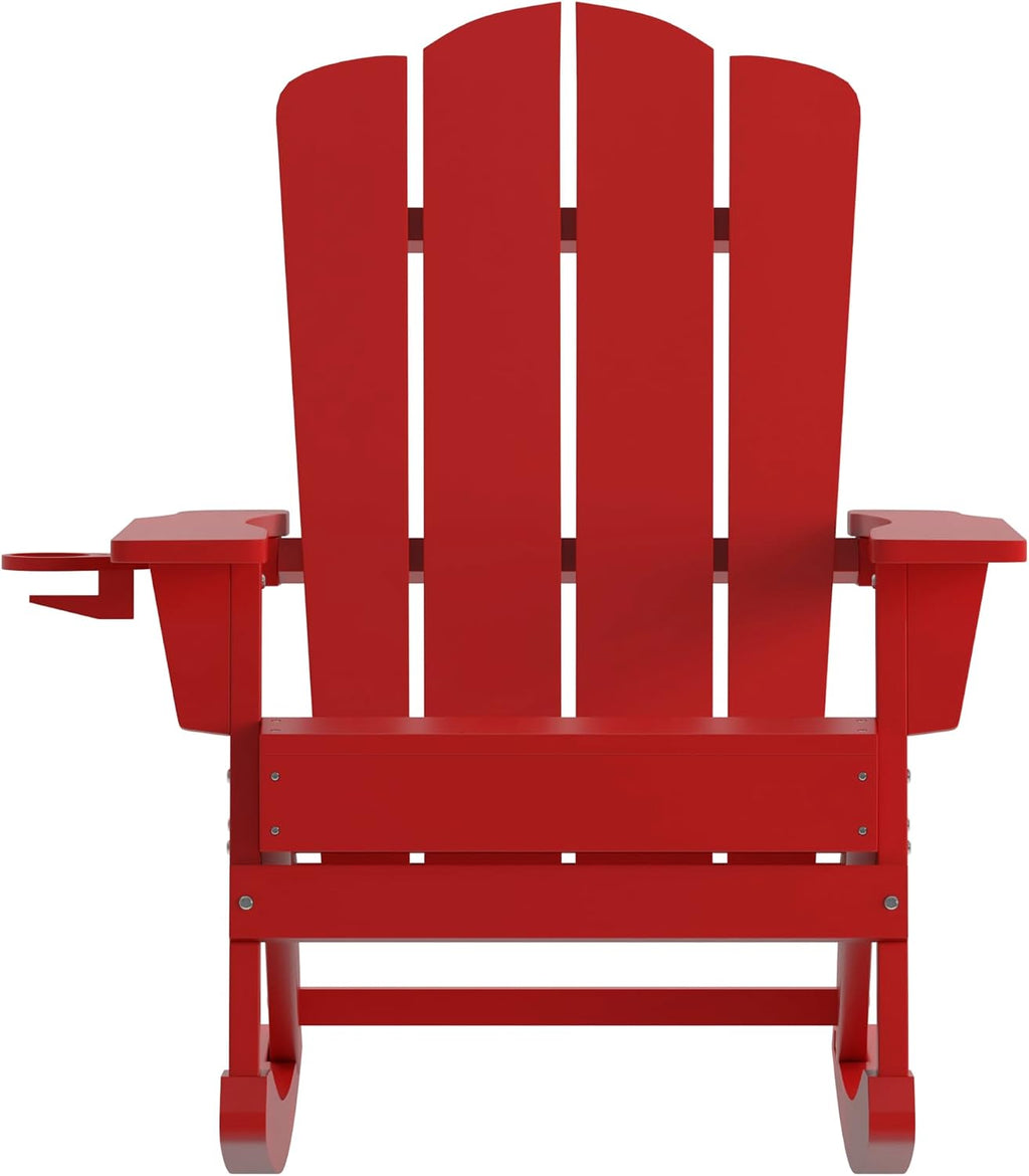 EMMA + OLIVER Tiverton Adirondack Rocking Chair with Cup Holder, Weather Resistant Poly Resin Adirondack Rocking Chair, Red
