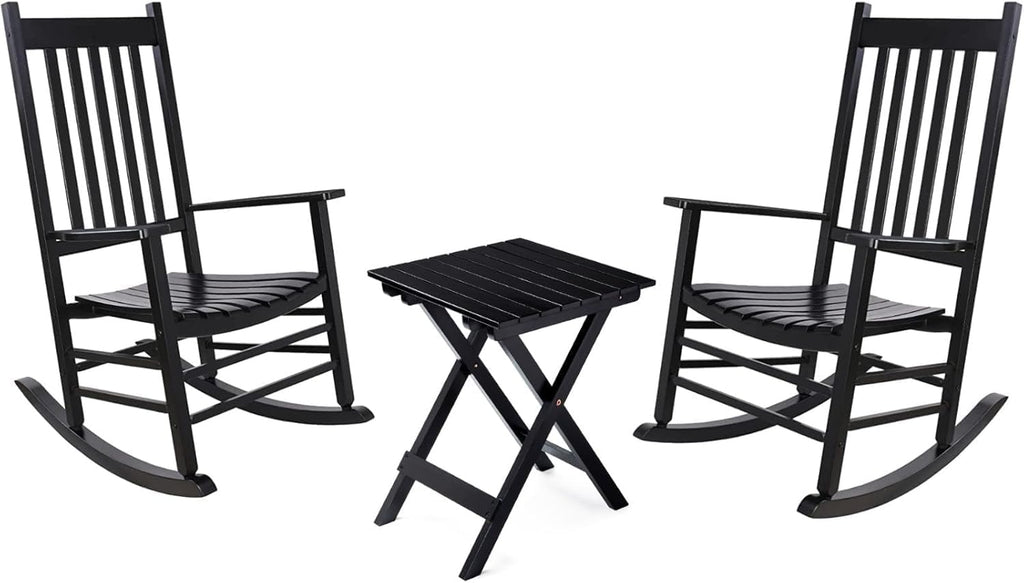 Wooden Rocking Chair Set - 2 Wooden Porch Rockers With Outdoor Side Table, Perfect for Indoor or Outdoor, All Weather Rocker for Garden, Lawn, Balcony, Backyard, Patio (Black)