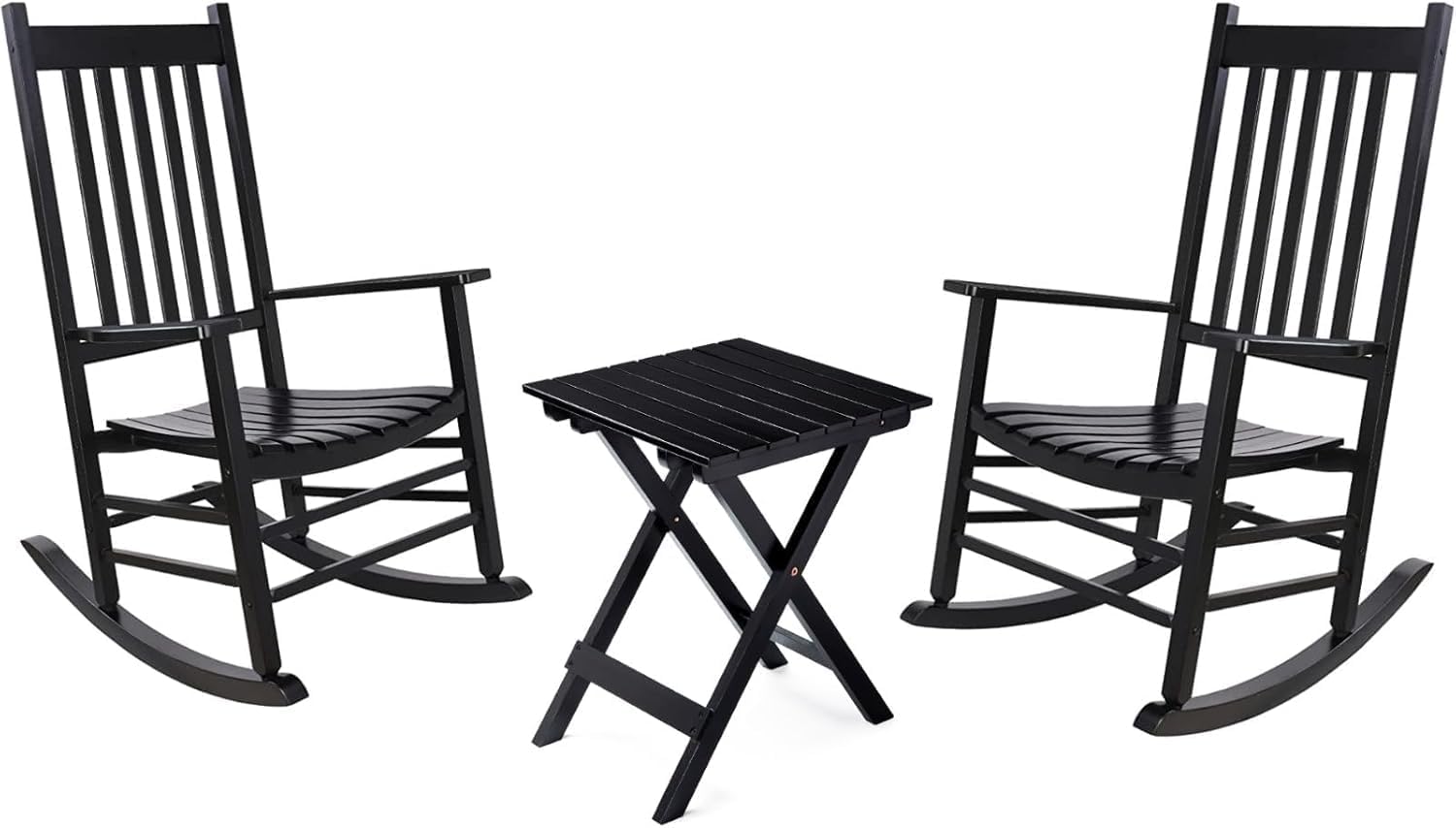 Wooden Rocking Chair Set - 2 Wooden Porch Rockers With Outdoor Side Table, Perfect for Indoor or Outdoor, All Weather Rocker for Garden, Lawn, Balcony, Backyard, Patio (Black)