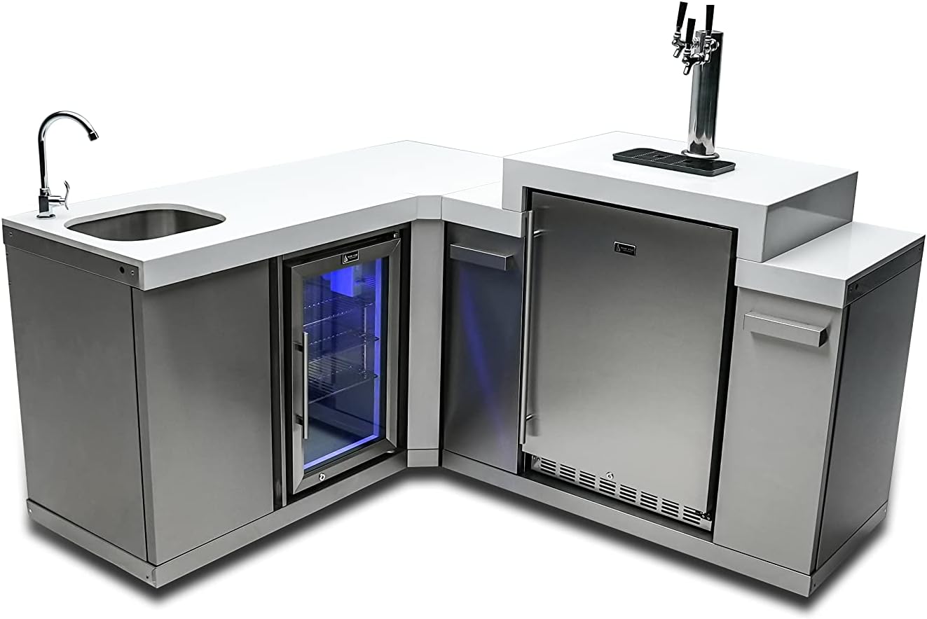 Mont Alpi Bar Series MA-BEV90KEG 90 Degree Stainless Steel Outdoor Rated 3 Beer Tap Kegerator Keg Dispenser + Wine Cooler Beverage Center Refrigerator + Granite Countertops + Faucet & Sink