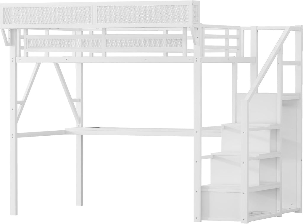 Full Size Loft Bed with Stairs and Desk, Metal Gaming Loft Bed Frame with Bedside Shelf and Light, Heavy-Duty Adults Lofts Beds with Storage Wardrobe & Charging Station, White