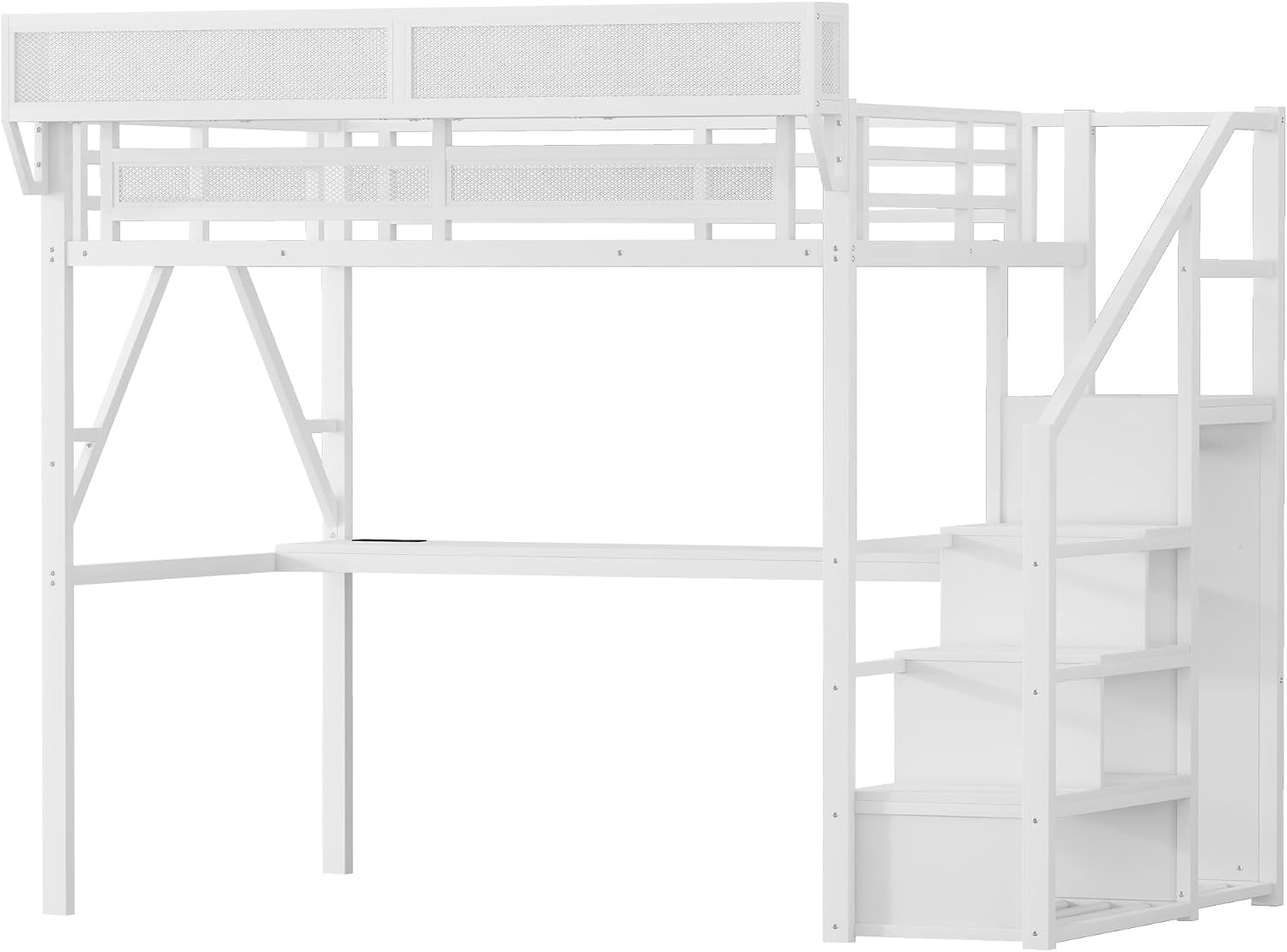 Full Size Loft Bed with Stairs and Desk, Metal Gaming Loft Bed Frame with Bedside Shelf and Light, Heavy-Duty Adults Lofts Beds with Storage Wardrobe & Charging Station, White