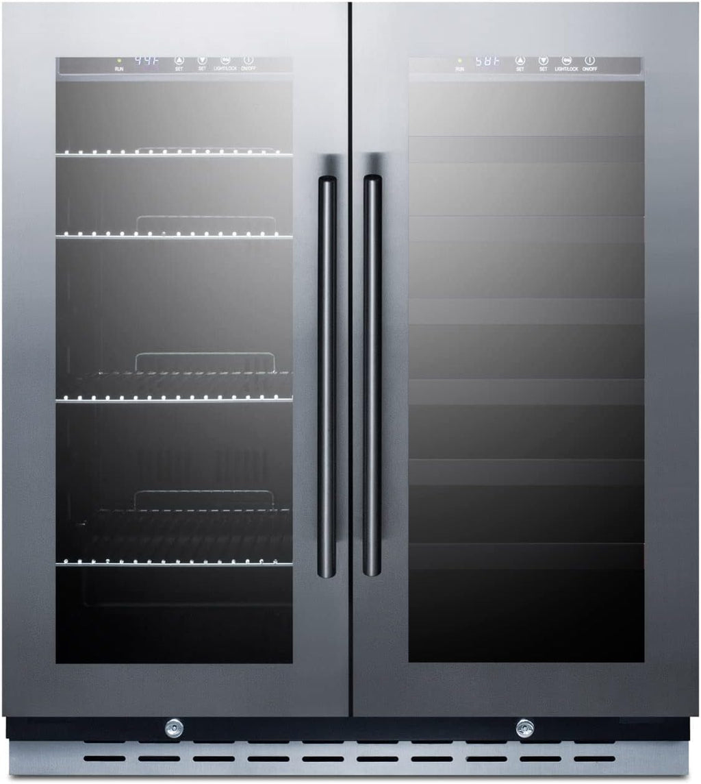 Summit 30' Wine Cellar/Beverage Center Combination Unit, 33 Bottle Capacity, 5.8 cu.ft. Capacity, Built-In Commercial Beverage Center, French Doors, Stainless Steel- SWBV3067B