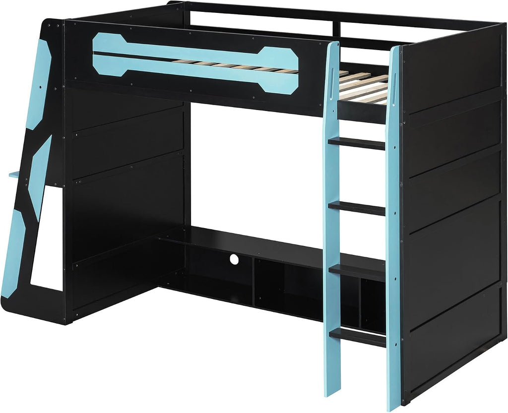 Merax Twin Size Gaming Loft Bed with Desk and Multi-Storage Shelves, Wooden Loft Bed Frmae with Light, Space-Saving Bed with Safety Guardrail