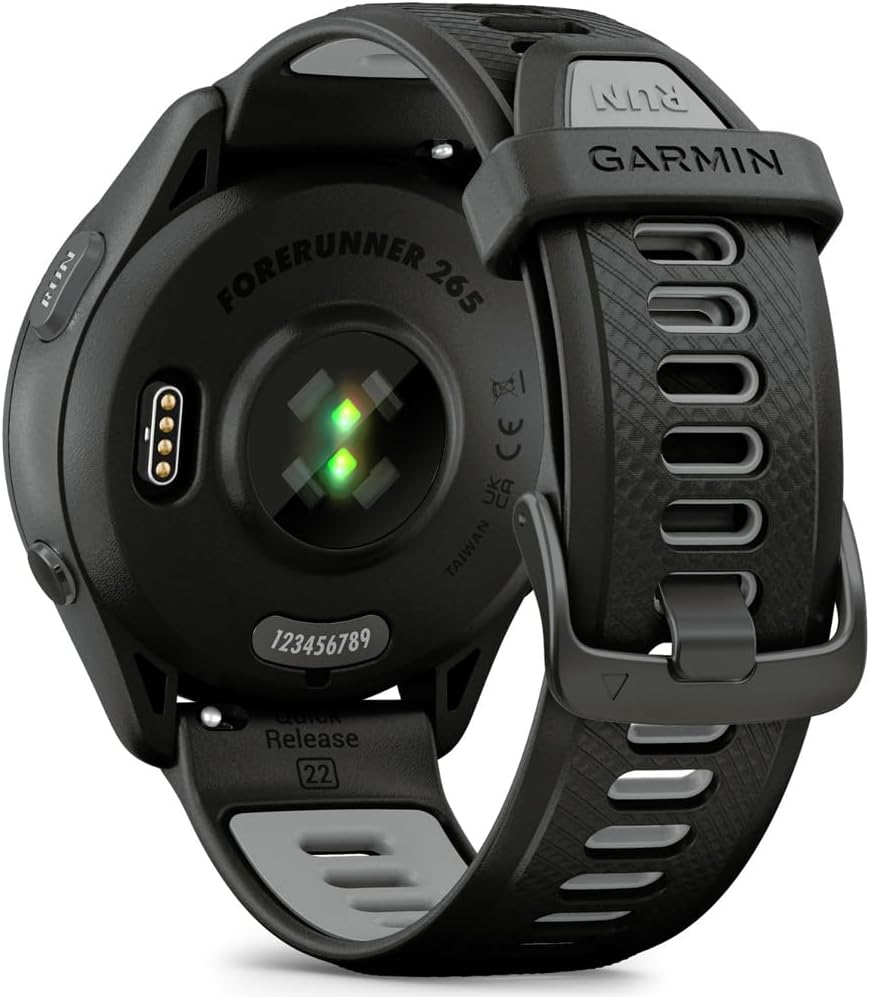 Garmin 010-02810-00 Forerunner 265 GPS Smartwatch, Black/Powder Gray | Official USA Partner Model | Bundle with Sport Towel + Deco Essentials Wearable Commuter Front & Rear Safety Light