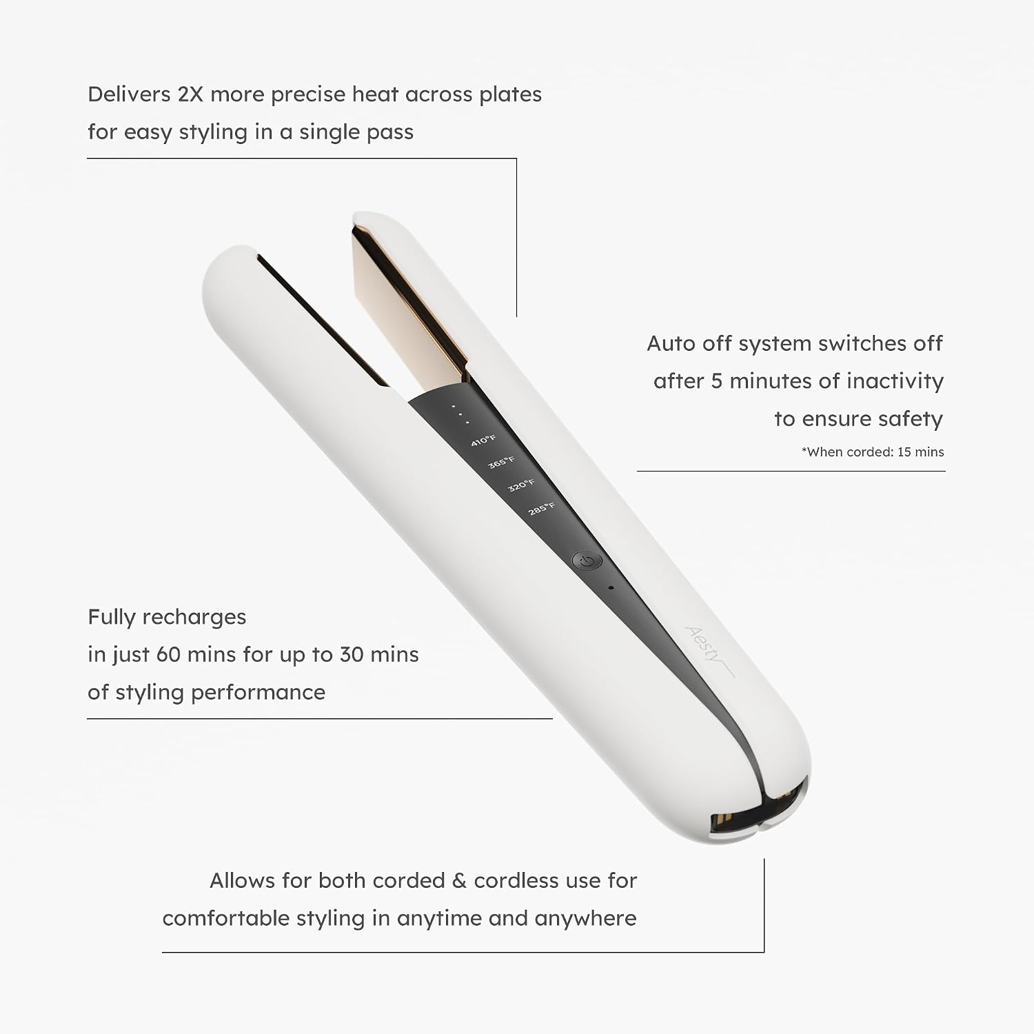 Aesty Dual Heater Titanium Flat Iron w/Charging Cradle - Professional Cordless Styler, Wireless Premium Straightener, Portable Tool for All Hair Types, 1-Pass Styling, Straightening and Curling