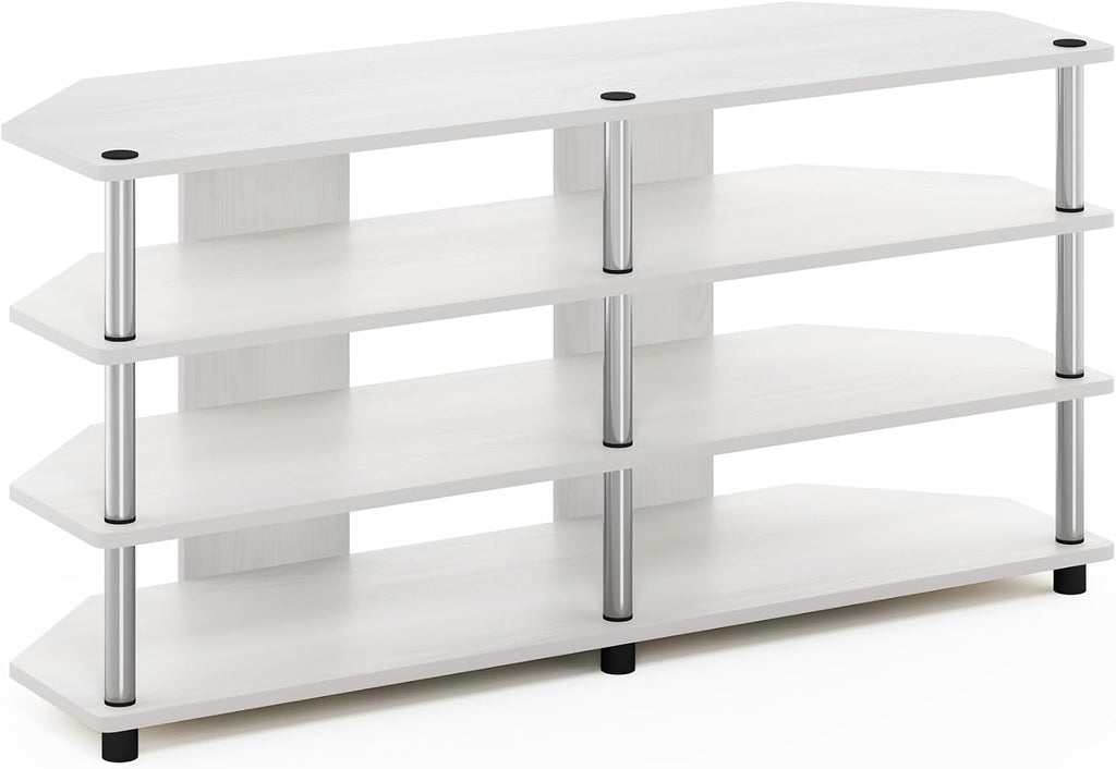 Furinno ECON TV Stand, 4-Tier Wide Corner Entertainment Center, TV Console for TV up to 55 Inch, Easy Assembly, for Living Room, Bedroom, White Oak/Stainless Steel Tubes