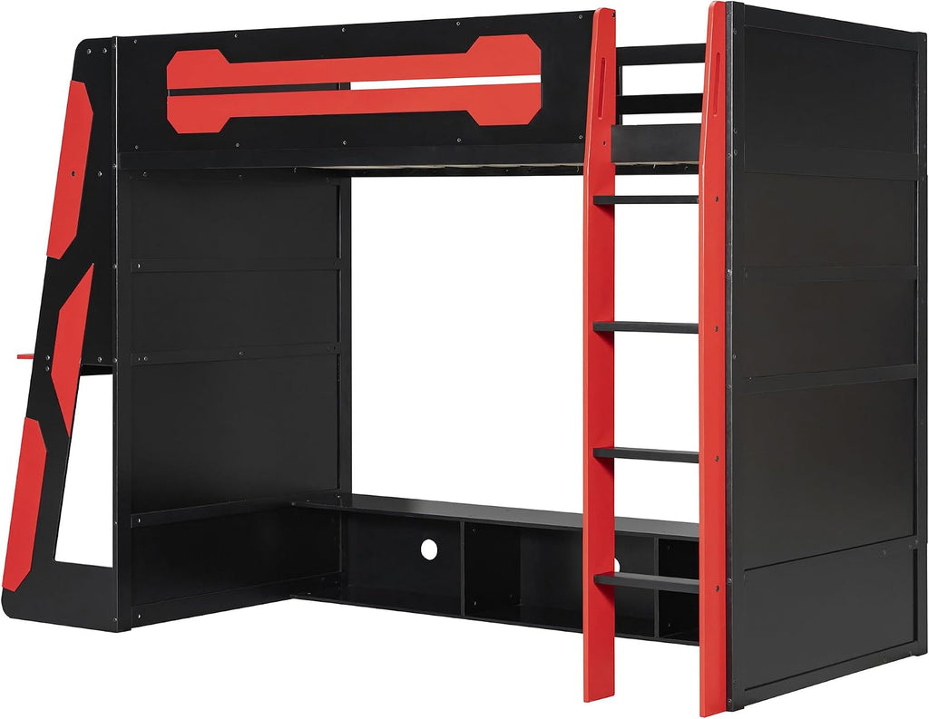 Merax Wood Loft Bed with Desk, Multi-Storage Shelves and RGB Light, Twin Size, Red