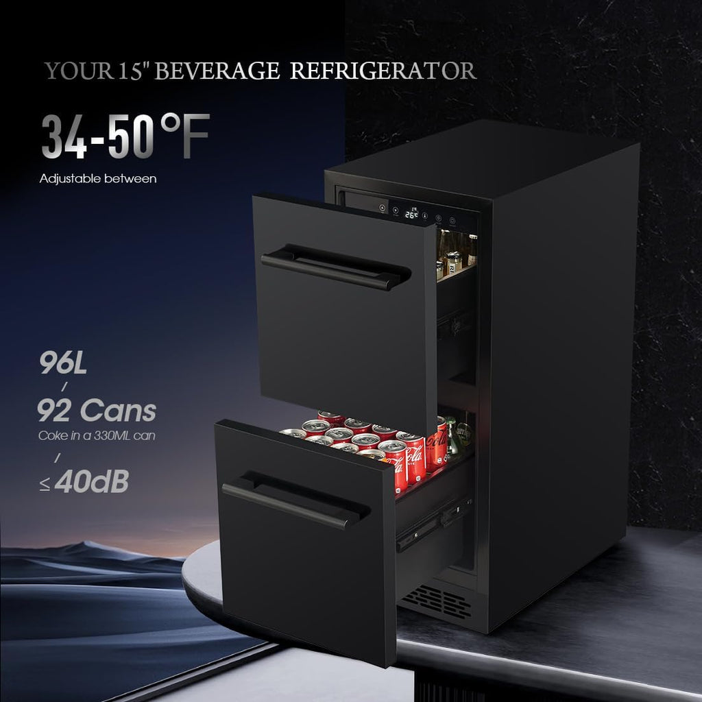 15 inch Double Drawer Drawer Refrigerator Under Counter Beverage Refrigerator, Indoor & Outdoor Fridge for Patio, Kitchen & Bar, Weatherproof, Black