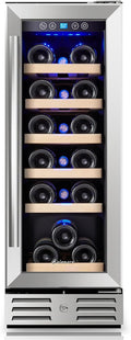 Kalamera Wine Fridge 18 Bottle - 12 inch Mini Cooler Refrigerator, Built-in or Freestanding, with Stainless Steel & Double-Layer Tempered Glass Door, and Temperature Memory Function