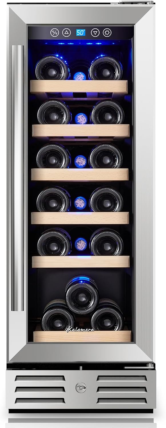 Kalamera Wine Fridge 18 Bottle - 12 inch Mini Cooler Refrigerator, Built-in or Freestanding, with Stainless Steel & Double-Layer Tempered Glass Door, and Temperature Memory Function
