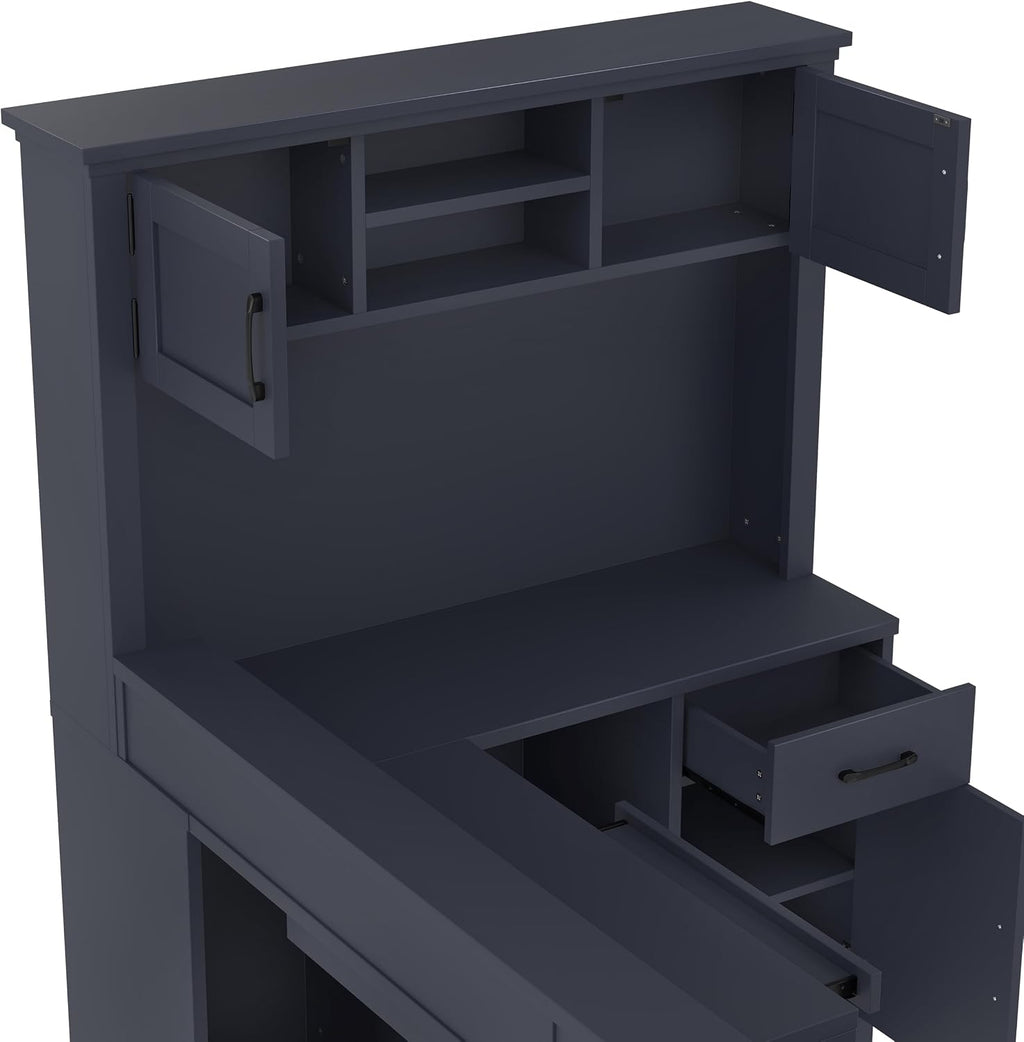 Bellemave L-Shaped Computer Desk with Power Outlet & Storage - Modern Corner Gaming Desk with Bookshelf and Drawers, Study Writing Workstation for Home Office, Blue