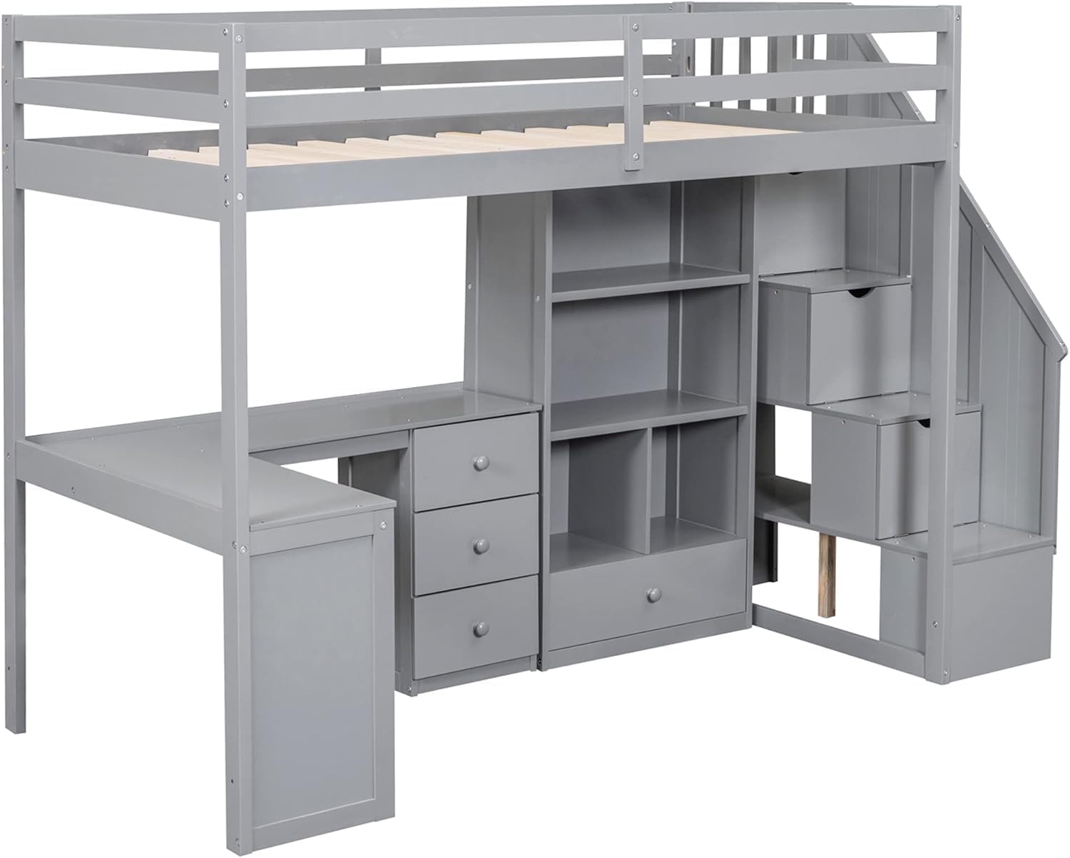 MERITLINE Twin Size Loft Bed with L-Shaped Desk,Storage Staircase,and Guardrails,Wood High Loft Bed with Storage Bookcase and 4 Drawers,for Adults, No Box Spring Needed (Grey)