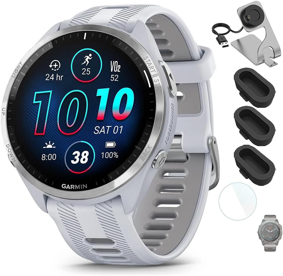 Garmin 010-02809-01 Forerunner 965 Running Smartwatch Whitestone and Powder Gray Bundle with Deco Essentials Charging Dock, Silicone Dust Cover 3 Pack and 1.4 Inch Screen Protector