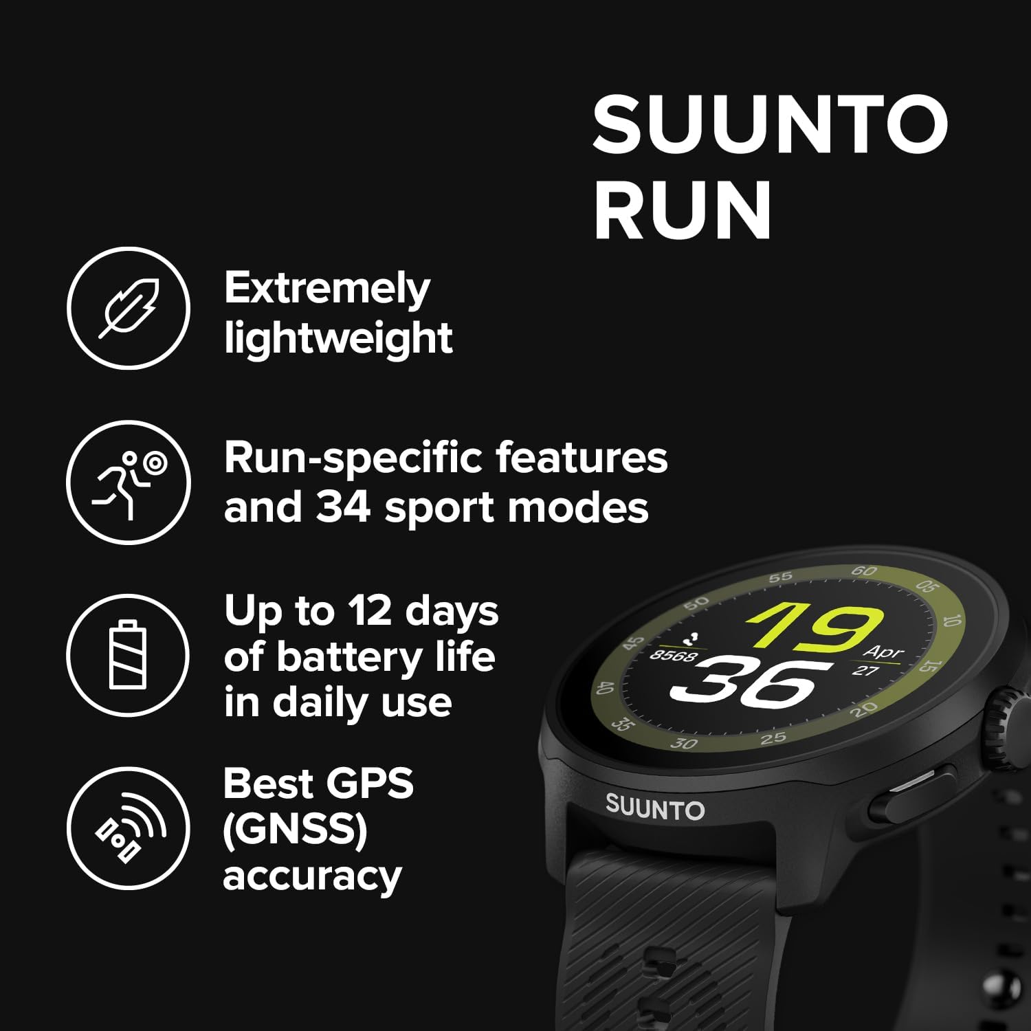 SUUNTO Run Running GPS Sports Watch with Silicone Strap, 1.32' AMOLED Touchscreen w/Crown Button, Wrist Heart-Rate & Sleep Health Tracking, Black