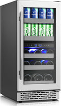 15 Inch Wine and Beverage Refrigerator, 13 Bottle & 48 Cans Dual Zone Wine Cooler, 37-65°F, Freestanding/Under Counter Beverage Fridge with Glass Door Stainless Steel Shelves