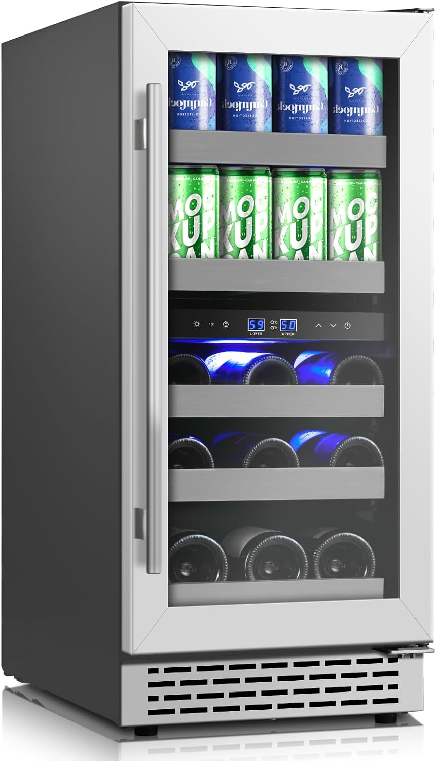 15 Inch Wine and Beverage Refrigerator, 13 Bottle & 48 Cans Dual Zone Wine Cooler, 37-65°F, Freestanding/Under Counter Beverage Fridge with Glass Door Stainless Steel Shelves