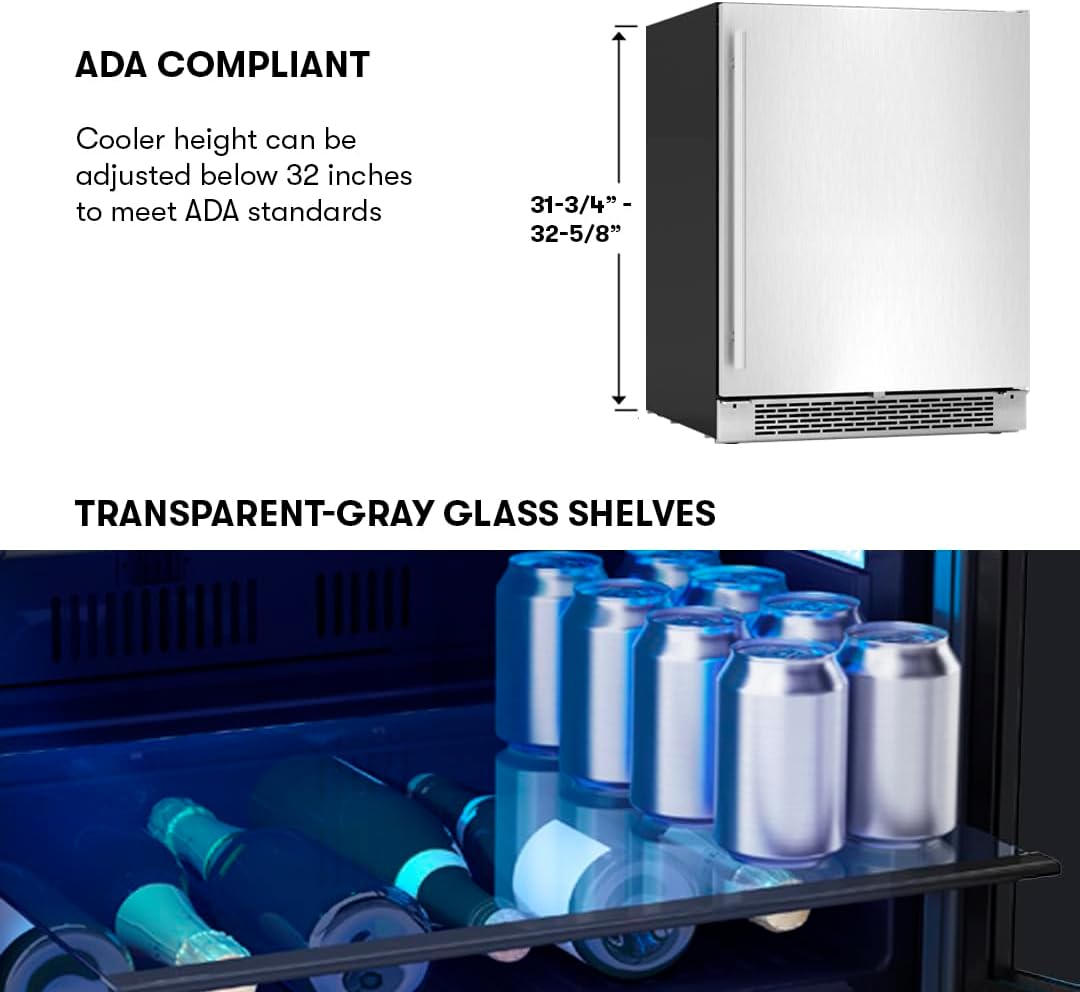 Zephyr Brisas 24' Wine Fridge & Beverage Refrigerator ADA Single Zone Under Counter - Mini Wine Cooler Cellars Small Beer Cabinet Drink Chiller Freestanding Stainless Steel Door - 8 bottles 98 cans