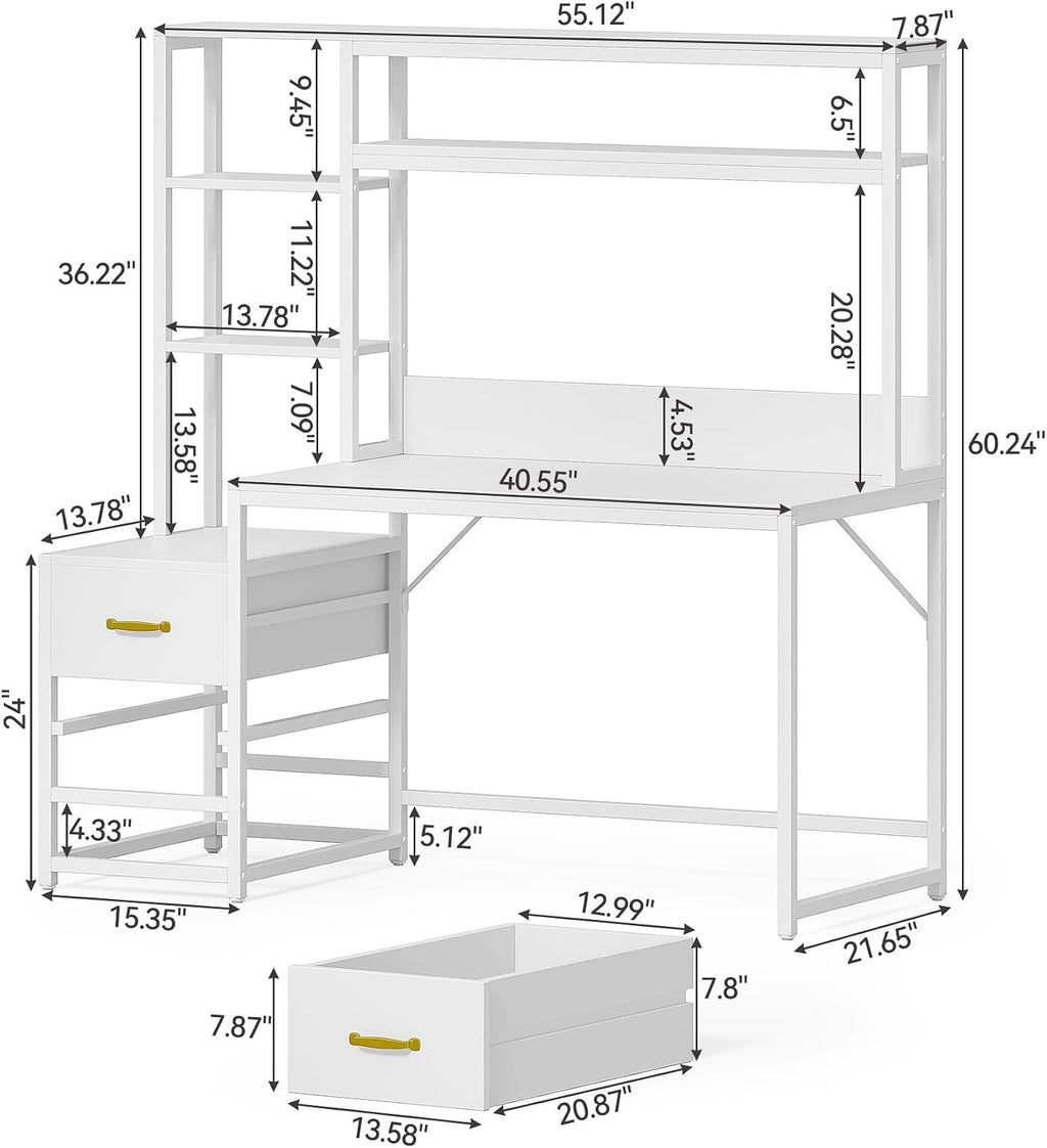 LITTLE TREE White Computer Desk with Drawers and Hutch, 55' Gaming Desk with Storage Shelves, Modern Wooden Study Writing Desk for Bedroom Home Office