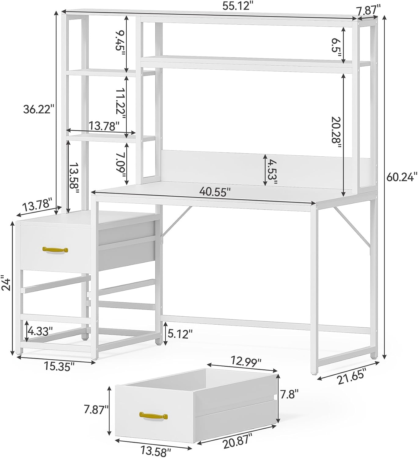 LITTLE TREE White Computer Desk with Drawers and Hutch, 55' Gaming Desk with Storage Shelves, Modern Wooden Study Writing Desk for Bedroom Home Office
