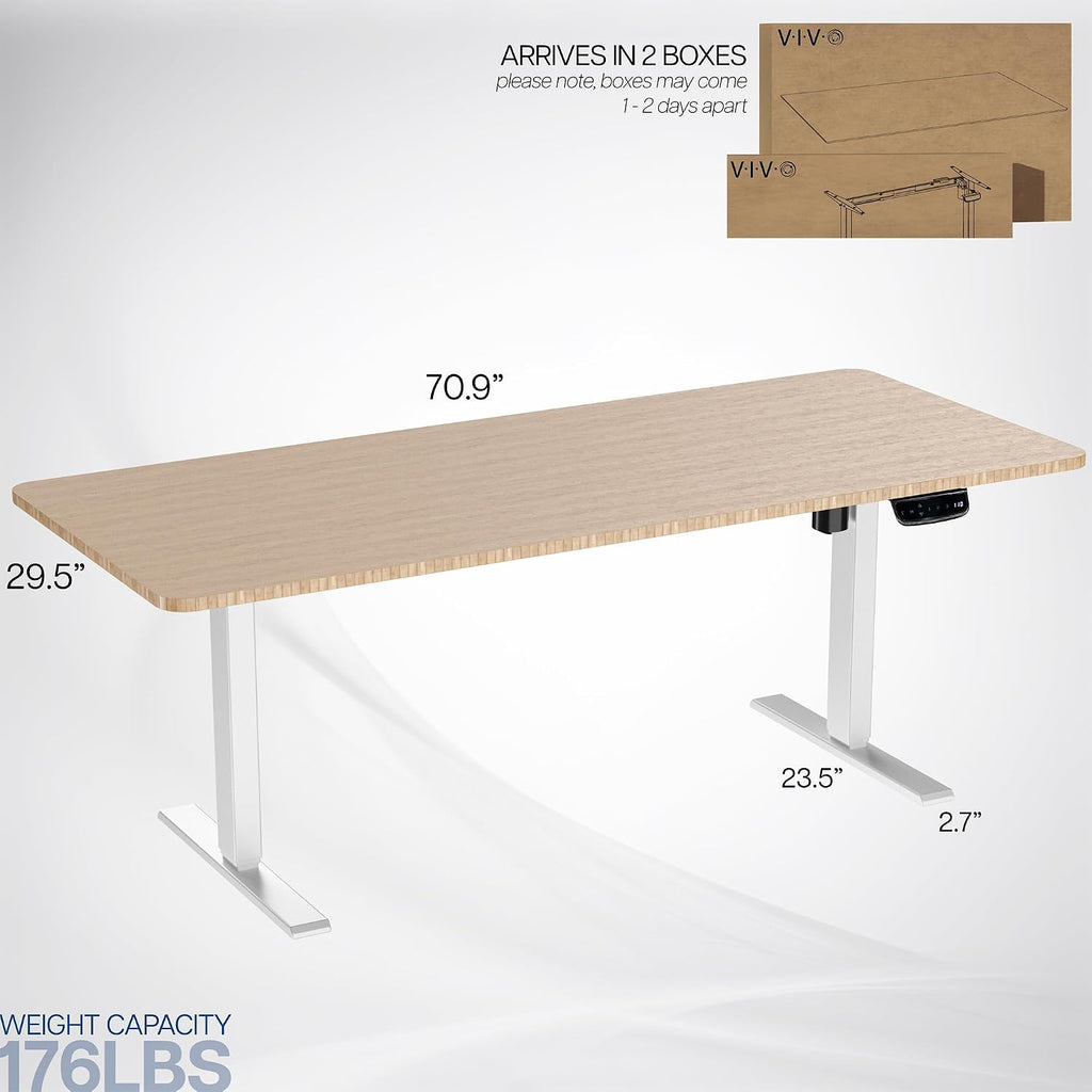 VIVO Electric 71 x 30 in Real Bamboo Standing Desk, Touch Screen Adjustment, 176 lb Frame Support, 2E Series, White Frame, DESK-KIT-2EW71O