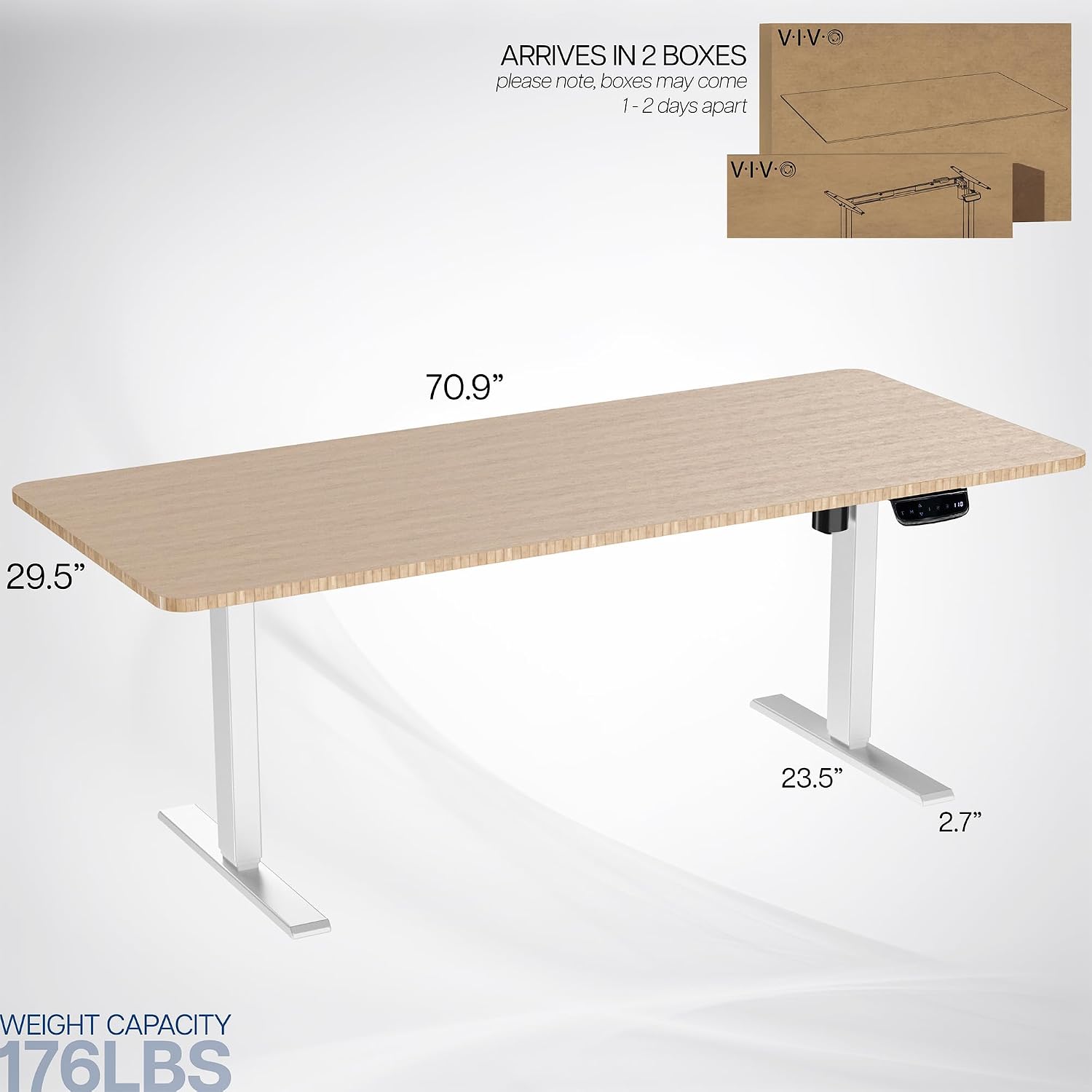VIVO Electric 71 x 30 in Real Bamboo Standing Desk, Touch Screen Adjustment, 176 lb Frame Support, 2E Series, White Frame, DESK-KIT-2EW71O