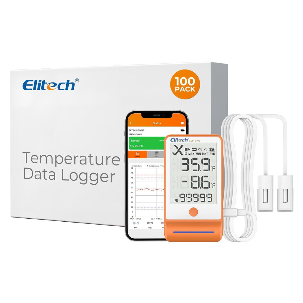 Elitech 100Pack Bluetooth Thermometer Data Logger Temperature for Refrigerator with Shadow Data 100000 Point Export PDF/CSV Report, Pharmacy Vaccine DDL Certificate, MAX MIN with Dual Probe GSP-6G-TDE