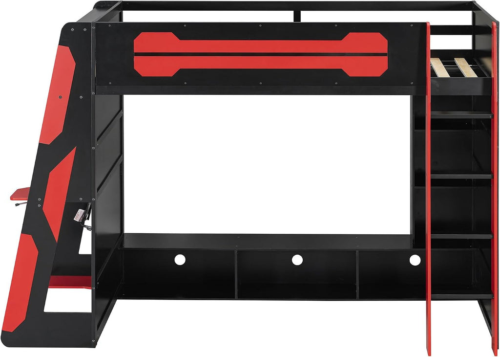 Merax Wood Loft Bed with Desk, Multi-Storage Shelves and RGB Light, Twin Size, Red