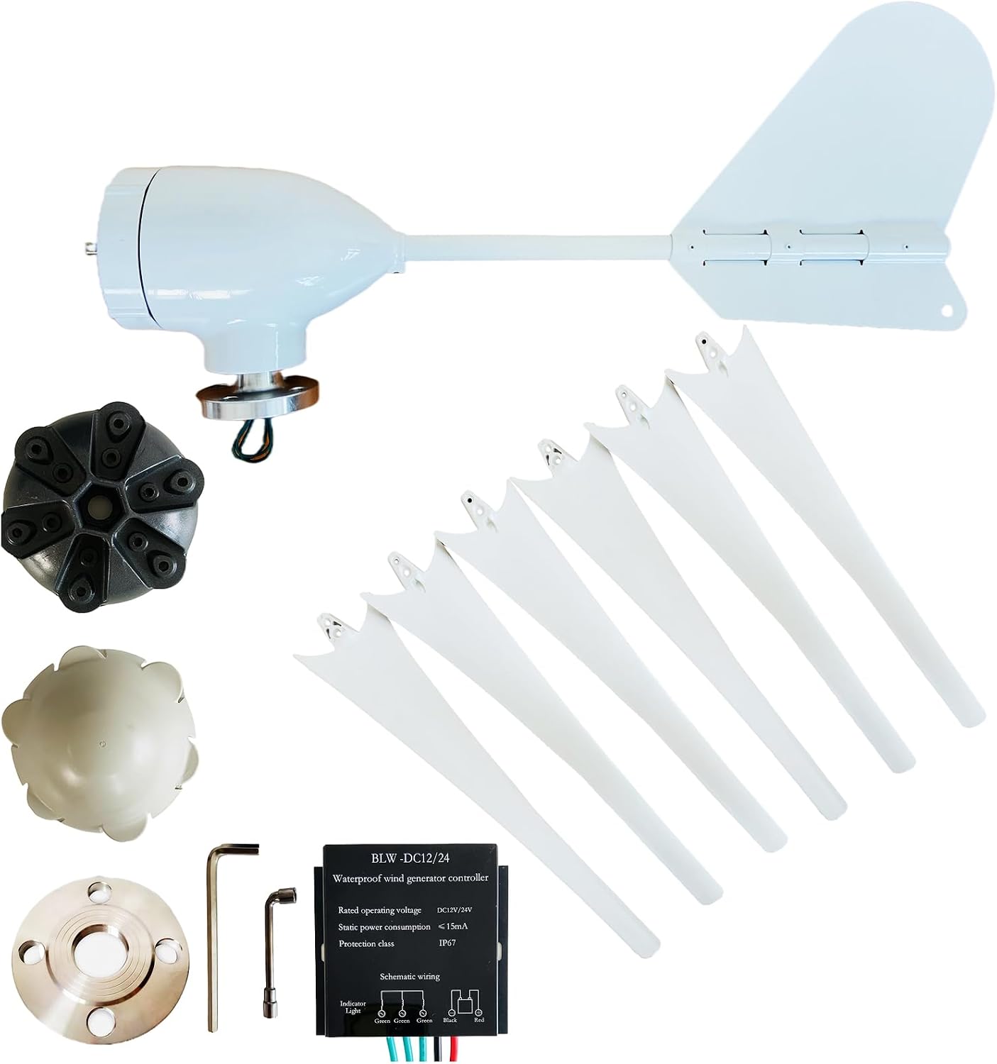 Small Vertical 6 Bladeswind Turbine Kit, 12V/24V/48V 3000W Vertical Turbine Generator with Controller for Terrace/Chalet (White)