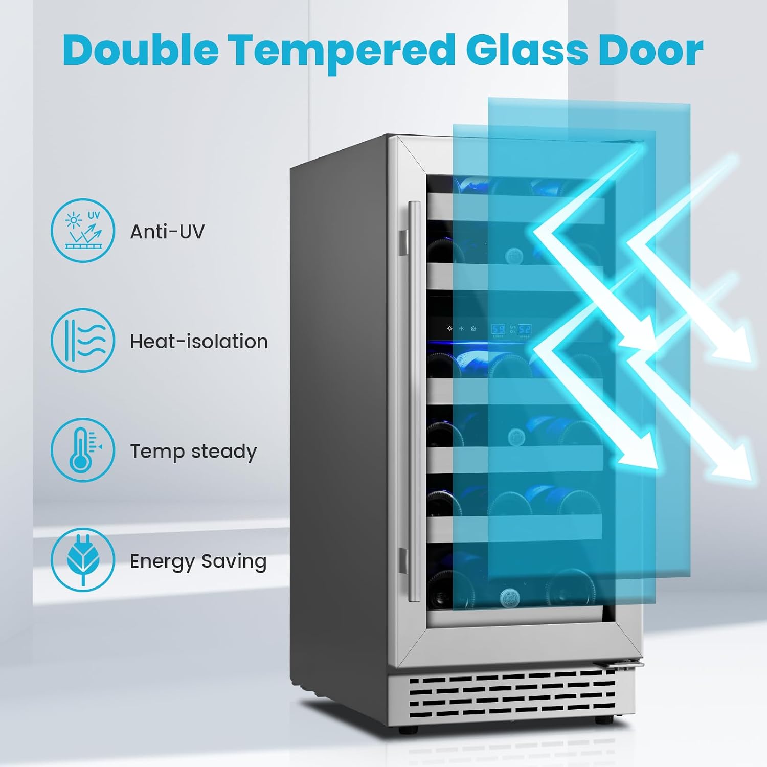 15 Inch Wine Fridge Under Counter, 28 Bottles Dual Zone Wine Cooler Refrigerator, 40-65°F, Stainless Steel Mini Chiller with Double Tempered Glass& Removable Shelves, Freestanding/Built-in