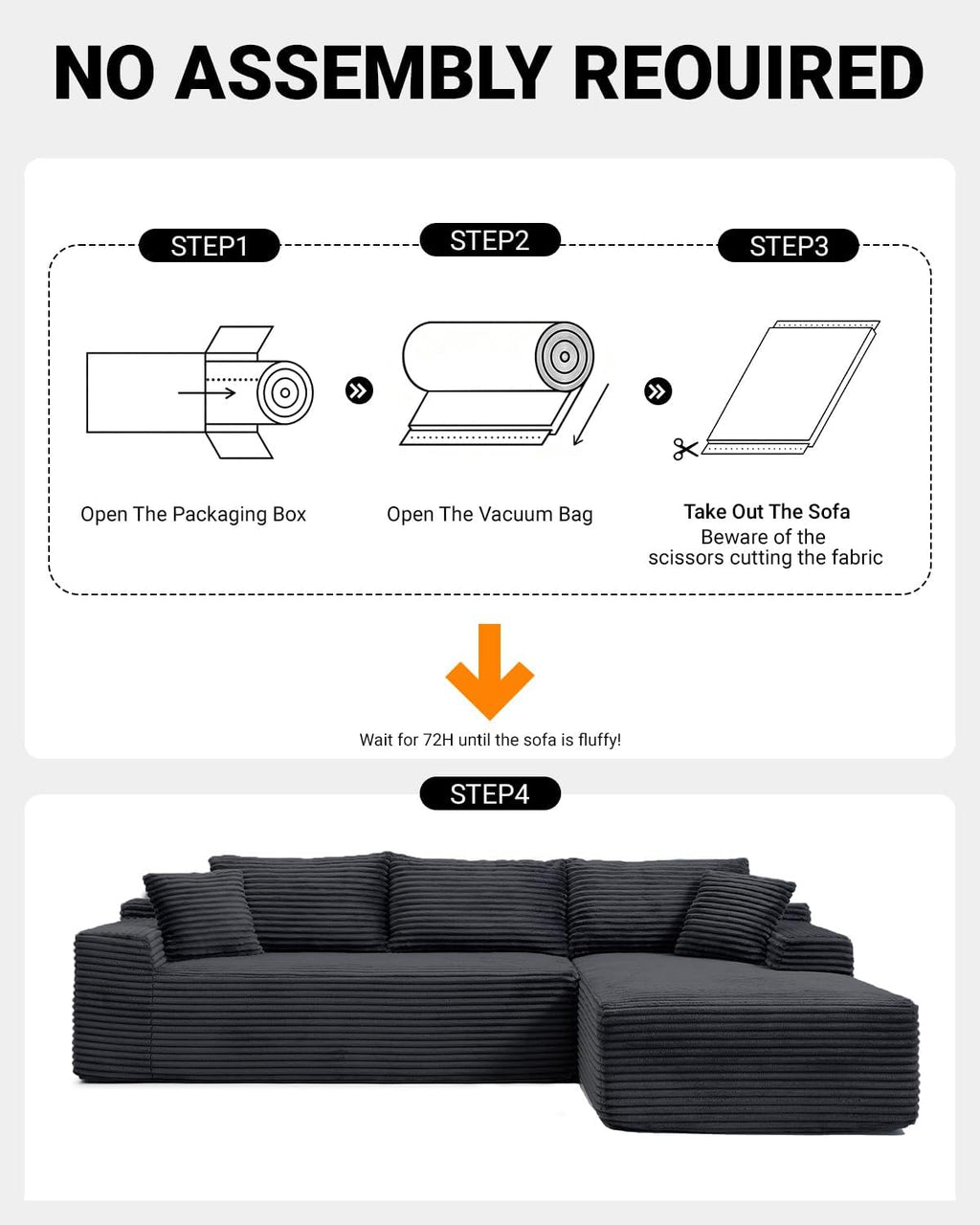 108' Cloud Sectional Couch,Modern Modular Sectional Sofa with Deep Seat,Corduroy Boneless Couches with L-Shape Chaise for Living Room,No Assembly Required (Black, Right Facing Chaise)