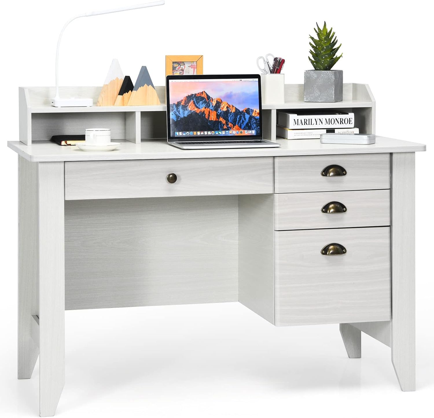 Tangkula White Desk with 4 Storage Drawers & Hutch, Home Office Computer Vintage Desk, Writing Study Table with Storage Shelves, Wooden Executive Desk (White)